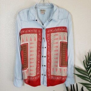 Lucky Brand Boho Handkerchief Design Snap Button Chambray Shirt Western size M